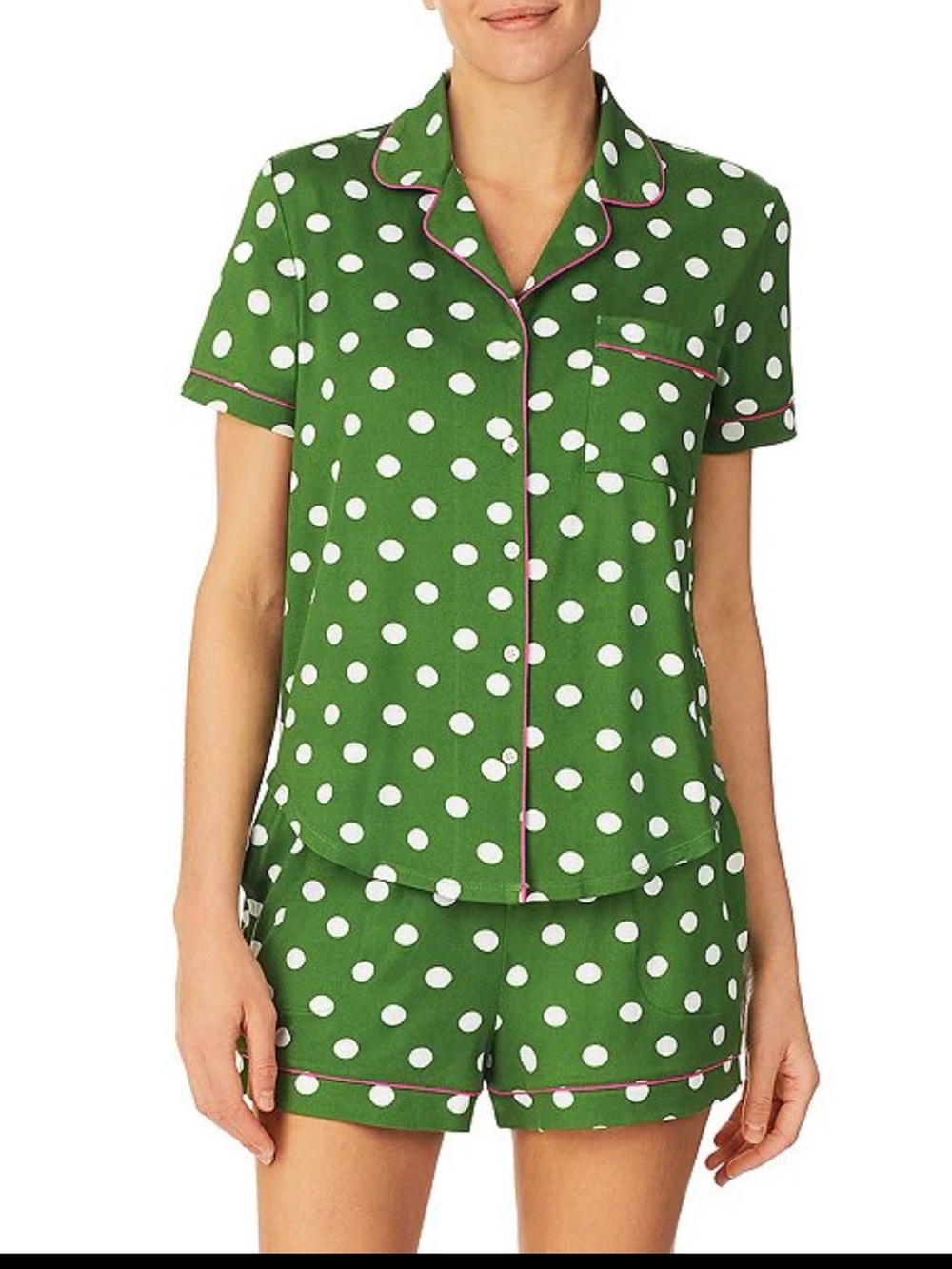 Kate Spade Green & White Polka Dot Short Pajama Set with Pink Trim